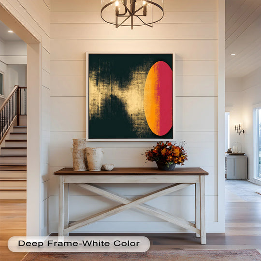 Light and shadow define the textured surface of the minimalist oil painting reproduction print, accentuating the red and orange eclipse art's bold, modern form.
