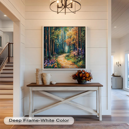 With a rustic wooden console table displaying birch vases and a floral arrangement, the background features shiplap walls displaying a colored autumn forest oil painting home decor.