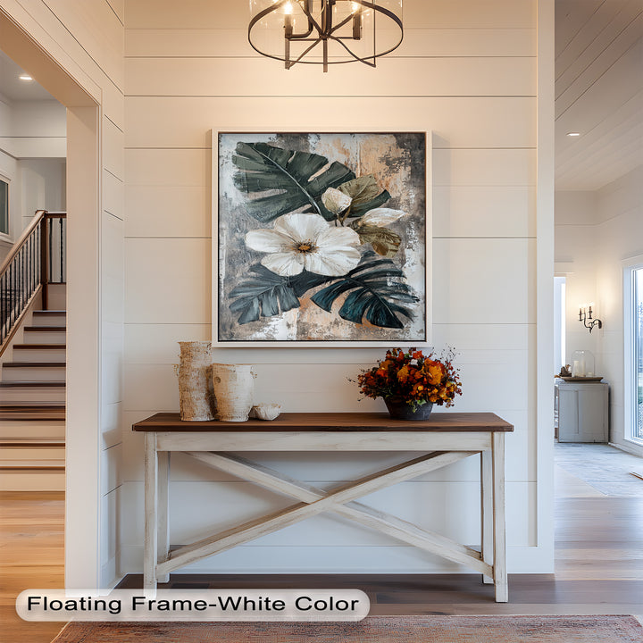 White Bloom and Tropical Leaves - Flower Oil Painting