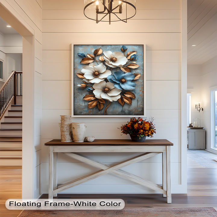 Gilded Petals – Luxuriöses Ölgemälde mit weißen und blauen Blumen
