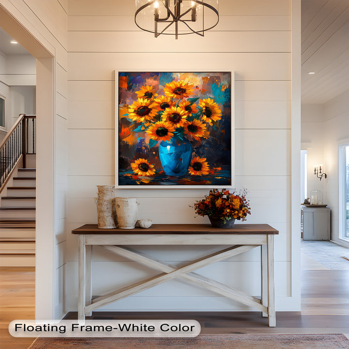Sunlit Joy – Bold Sunflowers in Blue Vase Oil Painting