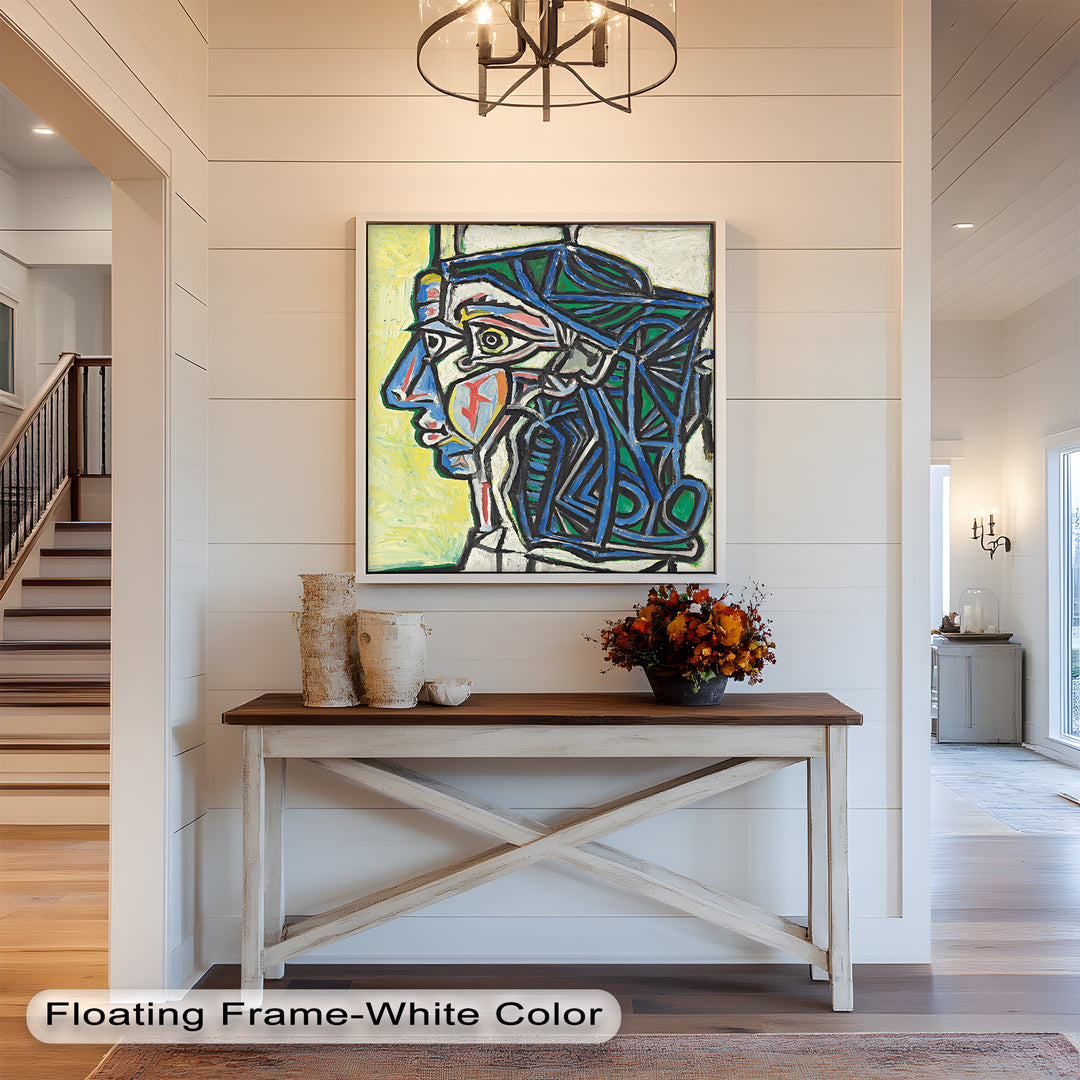 Angular Gaze – Geometric Portrait with Blue and Green Lines Picasso Oil Painting
