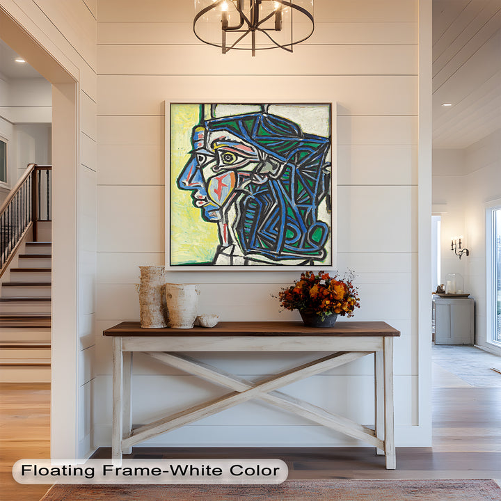 Angular Gaze – Geometric Portrait with Blue and Green Lines Picasso Oil Painting