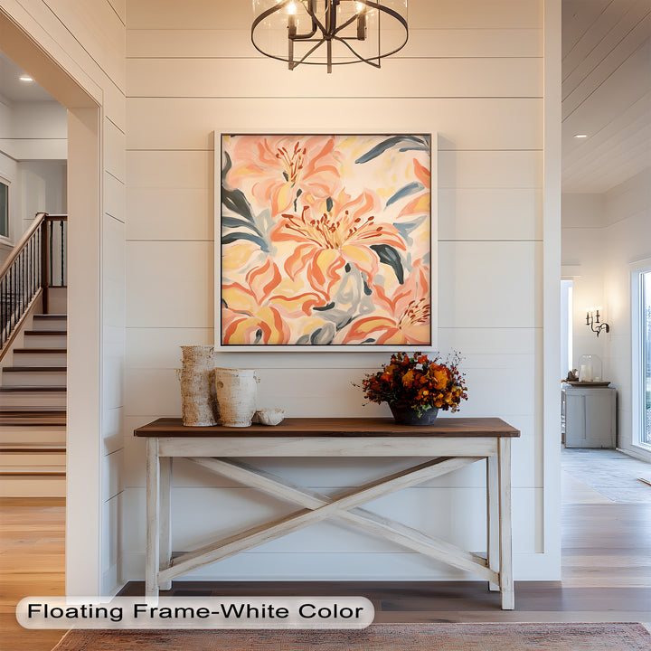 Sunlit Lilies – Abstract Coral Flower Oil Painting