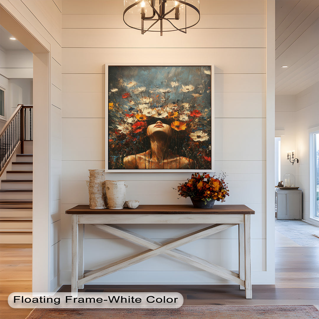 Floral Rebirth – Woman with Blossoming Crown Abstract Oil Painting