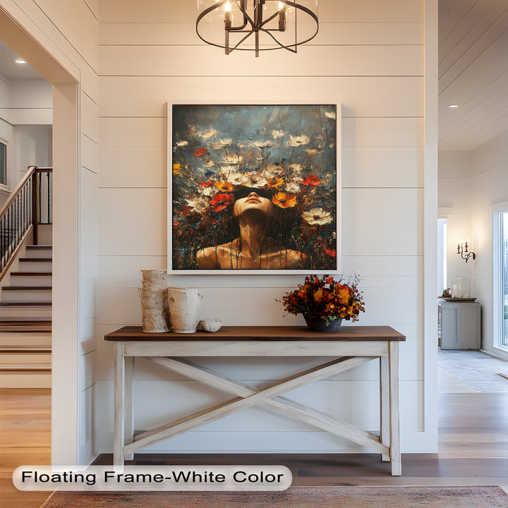 Floral Rebirth – Woman with Blossoming Crown Abstract Oil Painting