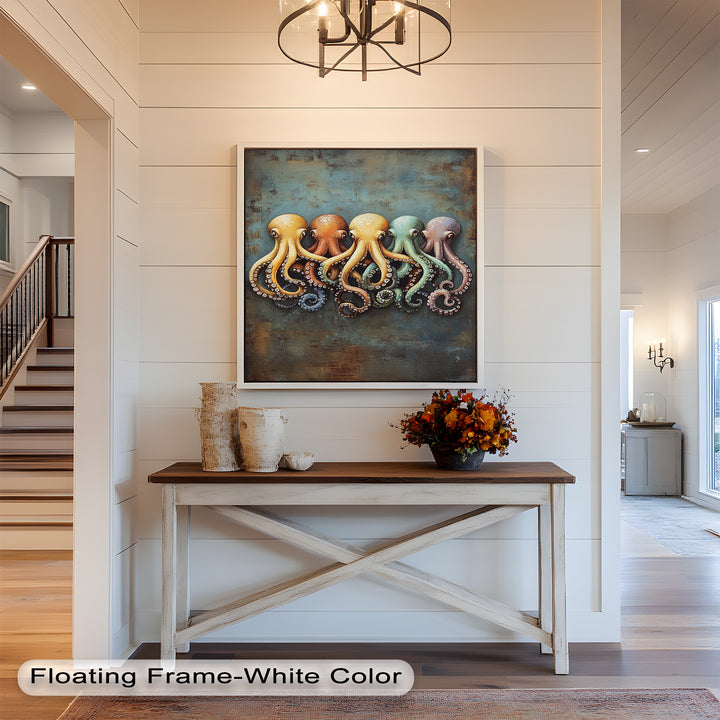 Whimsical Row of Octopuses – Colorful Sea Life Animal Oil Painting