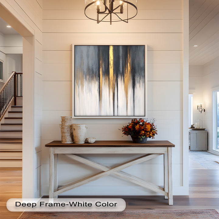 Elegant minimalist artwork with cascading gold streaks on a neutral background.
