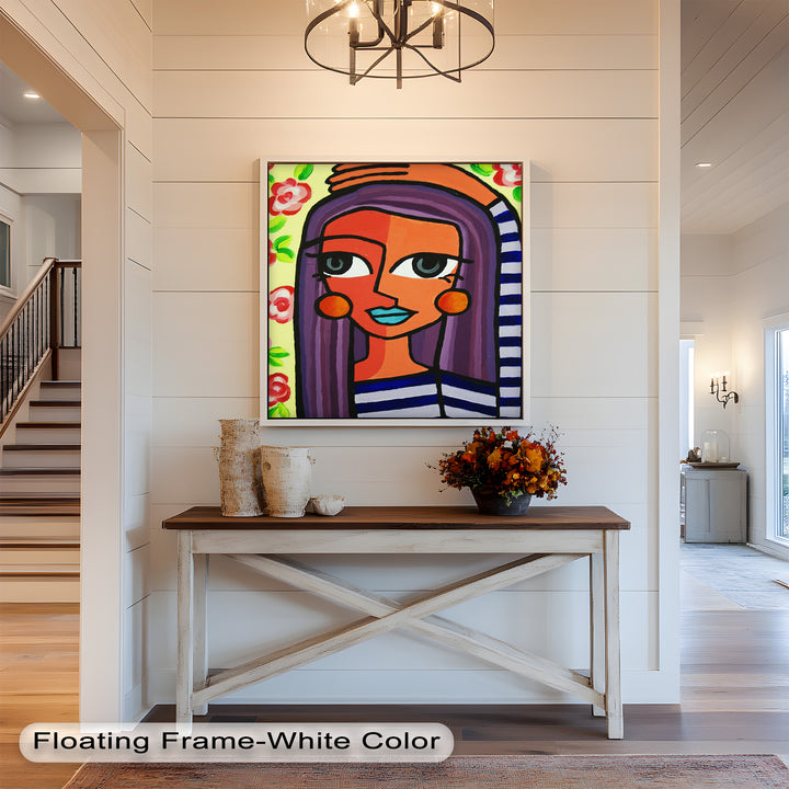 Striped Radiance – Playful Woman with Purple Hair Picasso Oil Painting