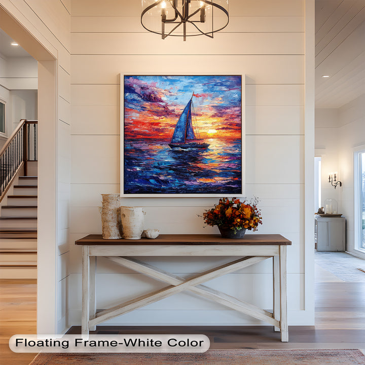 Crimson Horizon – Sunset Voyage Boat Oil Painting