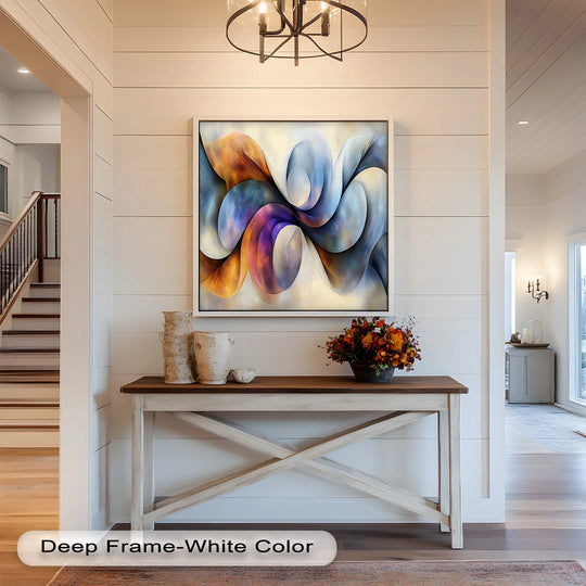 Foreground detail displays an abstract swirl elegance oil painting reproduction print in a white frame, accented by textured vases and a floral arrangement on a rustic console table.