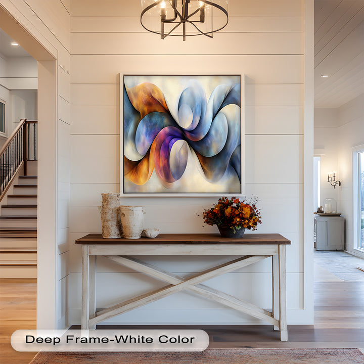 Vibrant abstract painting with flowing ribbons of gold, blue, and violet.

