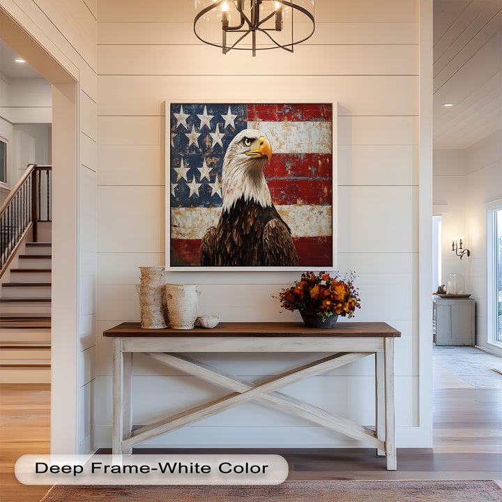 Adler mit amerikanischer Flagge – Patriotisches Ölgemälde