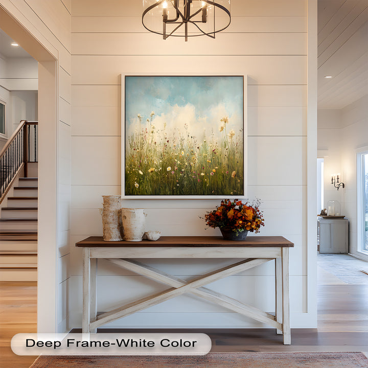 A peaceful countryside scene captured in an elegant floral painting, where tall wildflowers dance in the breeze under a vast expanse of soft pastel sky.