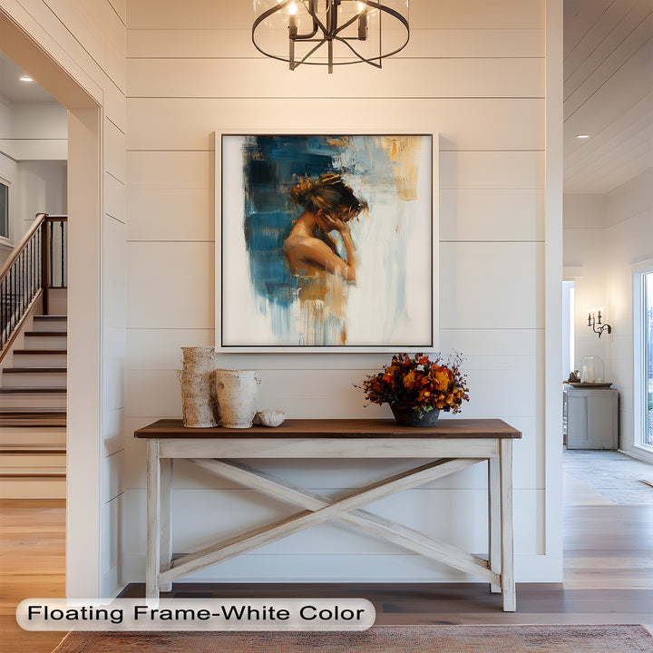 Veil of Thought – Introspective Woman in Blue and Gold Abstract Oil Painting