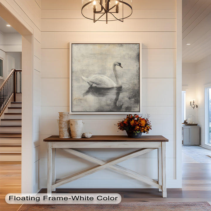 Silent Grace – Monochrome Swan on Still Water Oil Painting