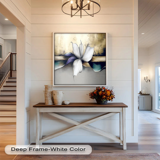With balanced color temperature, the modern floral White Blossom oil painting home decor shows a white blossom with a golden background over a wooden console table.