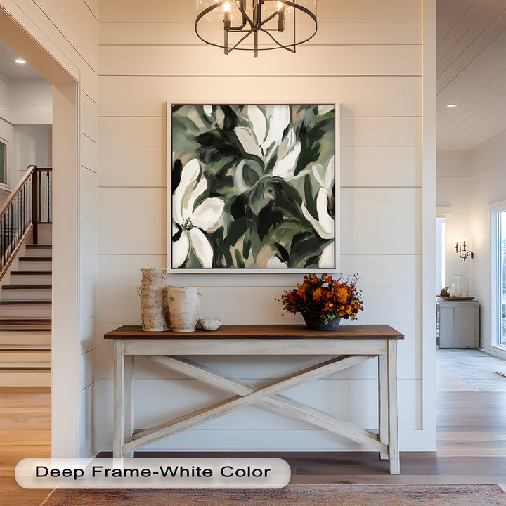 Cream Blooms in Forest Green - Flower Oil Painting