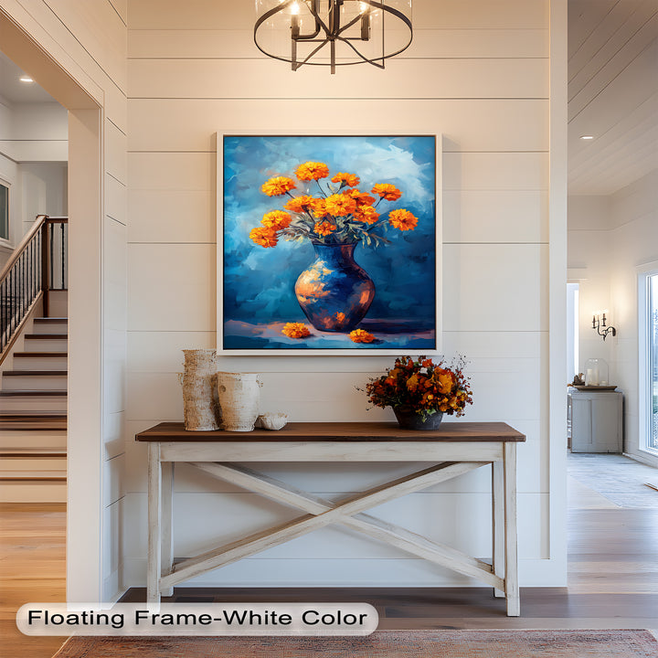 Golden Marigolds in Midnight Blue – Flower Oil Painting
