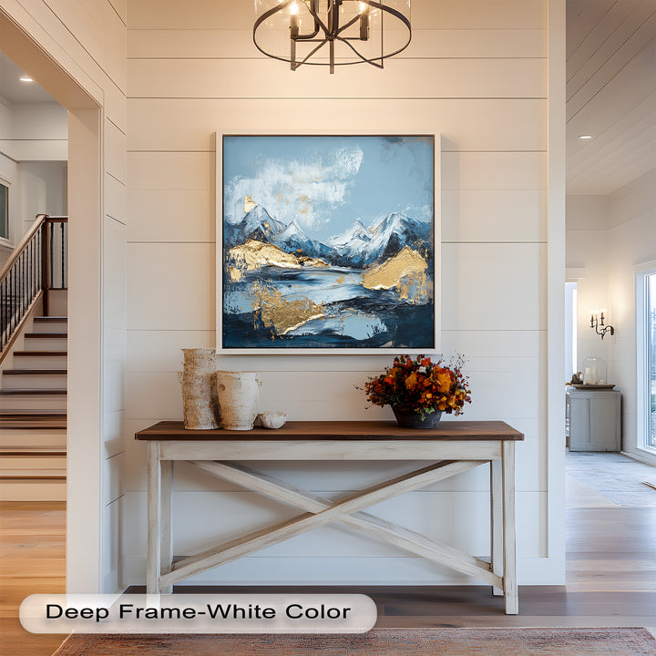 Arctic Peaks – Abstraktes Ölgemälde mit Bergmotiven in Blau und Gold