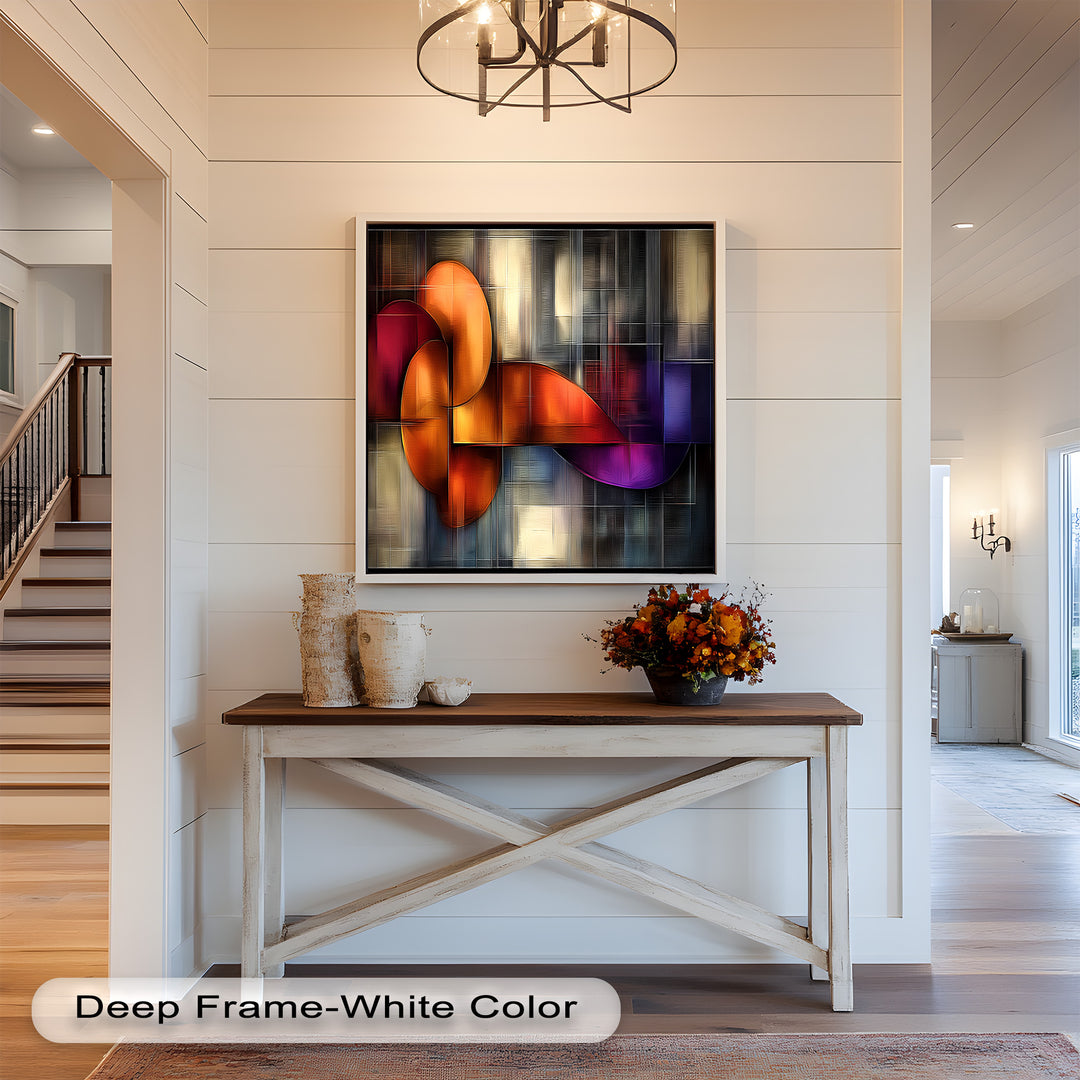 Vivid contemporary piece blending warm hues with sleek grid lines.
