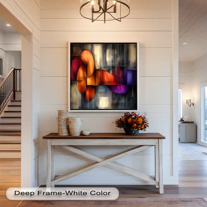 Vivid contemporary piece blending warm hues with sleek grid lines.
