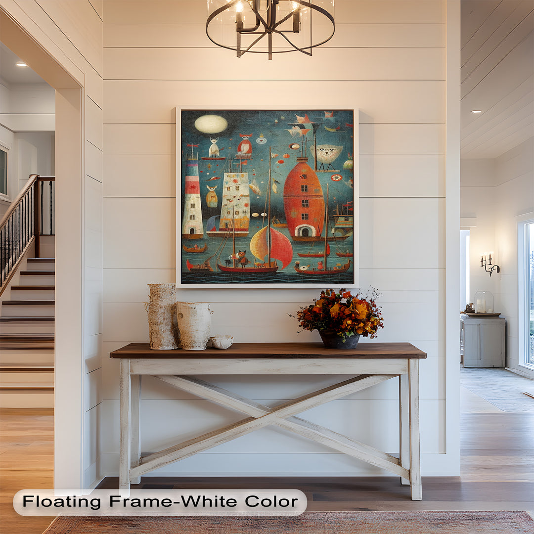 Moonlit Harbor Parade – Surreal Cat and Owl Fantasy Oil Painting