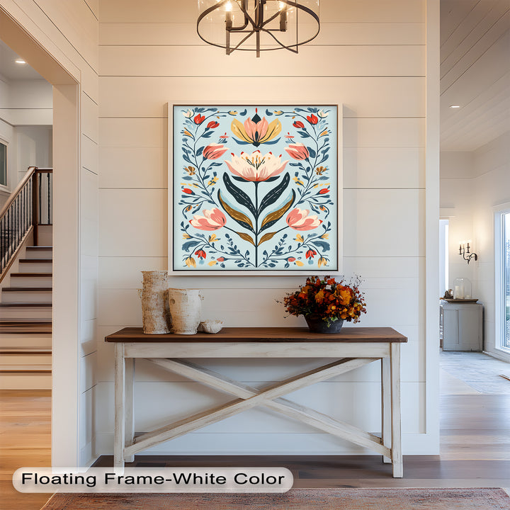 Folk-inspirierte Tulpenharmonie – Boho-Blumenölgemälde