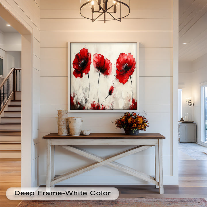 Crimson Elegance – Bold Red Poppies on Cream Flower Oil Painting