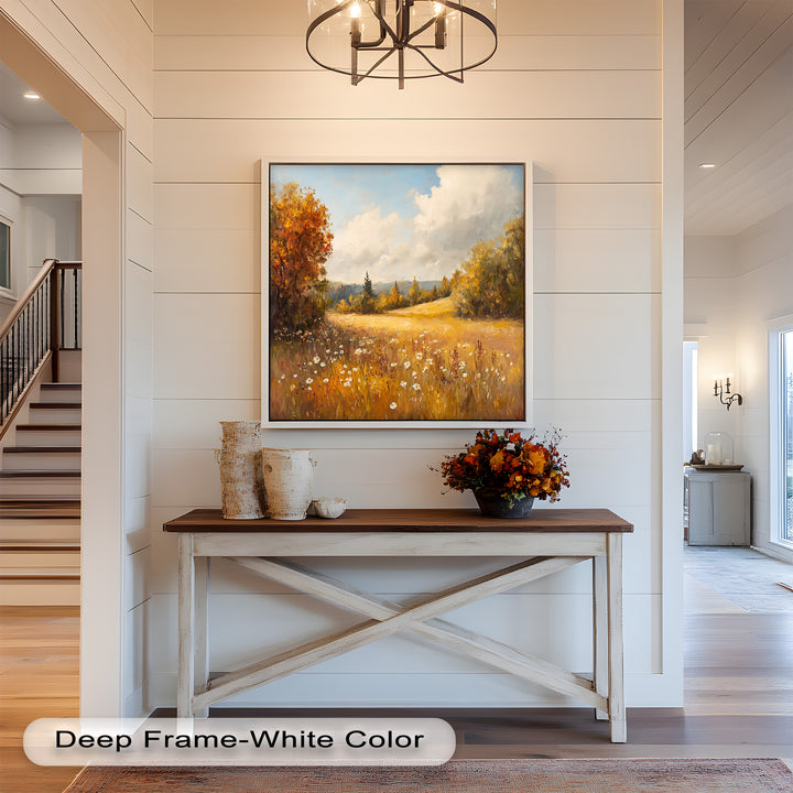 This captivating oil painting beautifully portrays the changing seasons with golden fields, warm autumn trees, and a bright blue sky. Its rich textures and masterful brushwork bring depth and vibrancy, making it a must-have for nature-inspired décor.