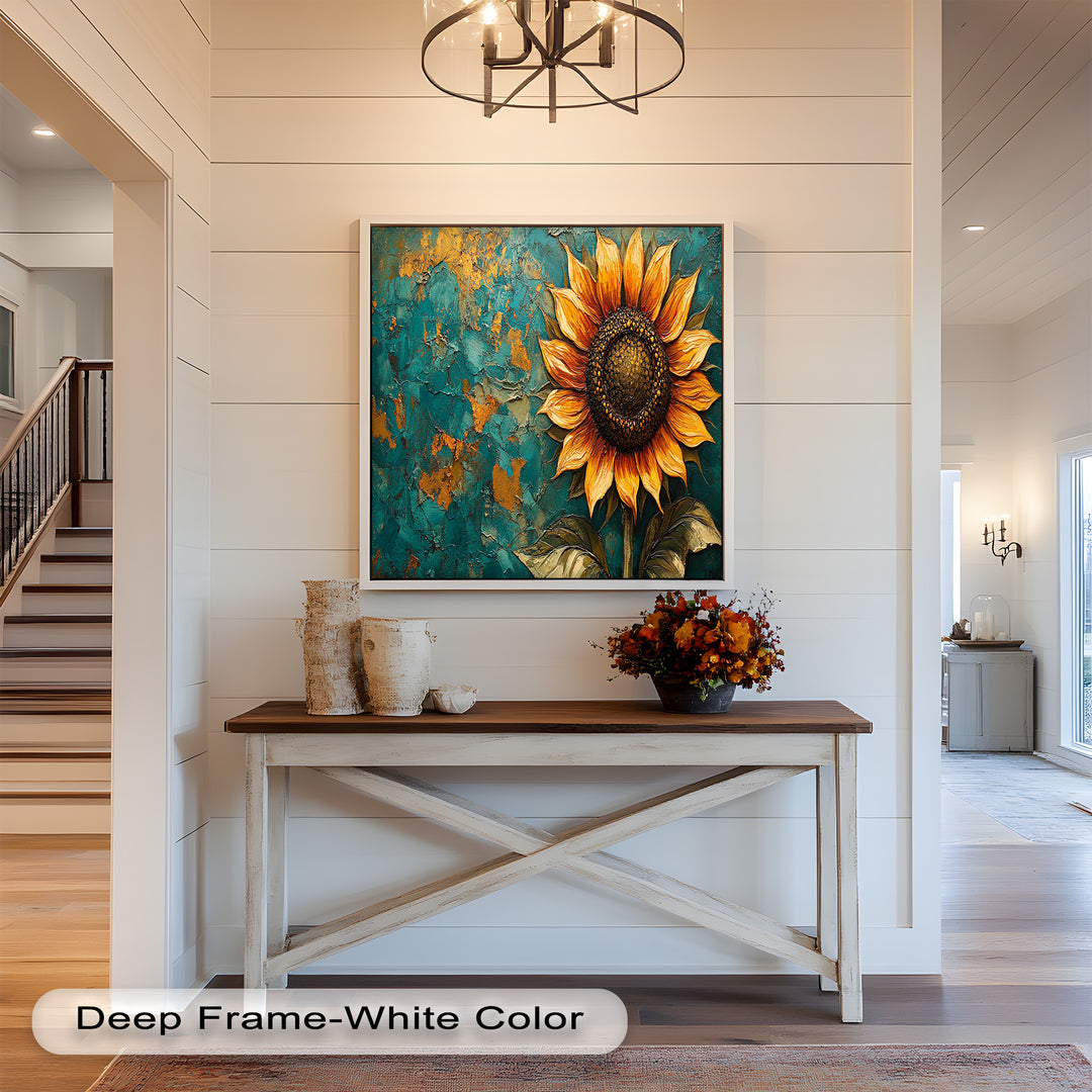 Sunflower on Textured Teal - Flower Oil Painting