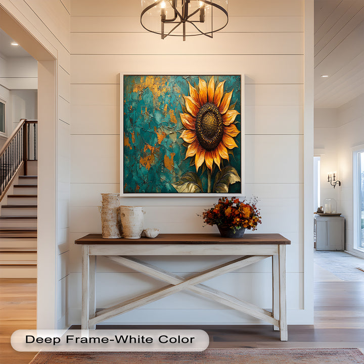 Sunflower on Textured Teal - Flower Oil Painting