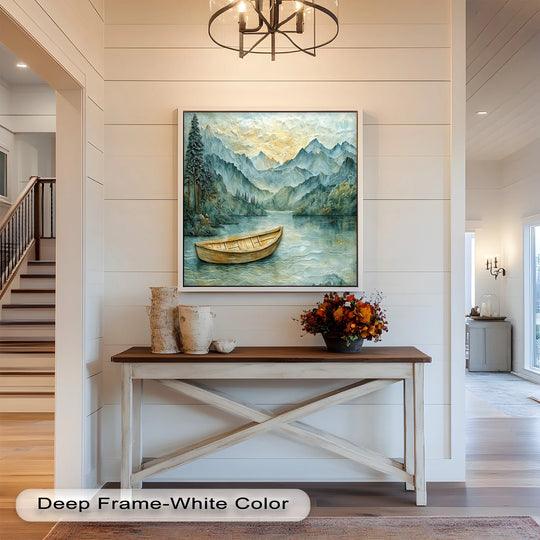 Light and shadow play across the textured surface of this landscape oil painting wall art, highlighting the serene lake and wooden boat before the distant mountains.