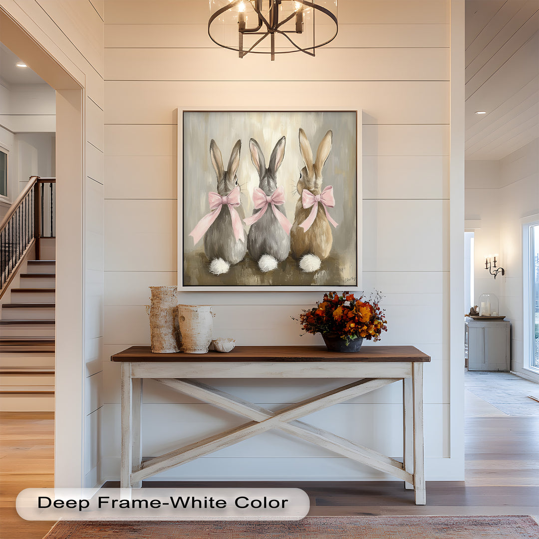 Trio of Bunnies with Pink Bows – Animal Oil Painting