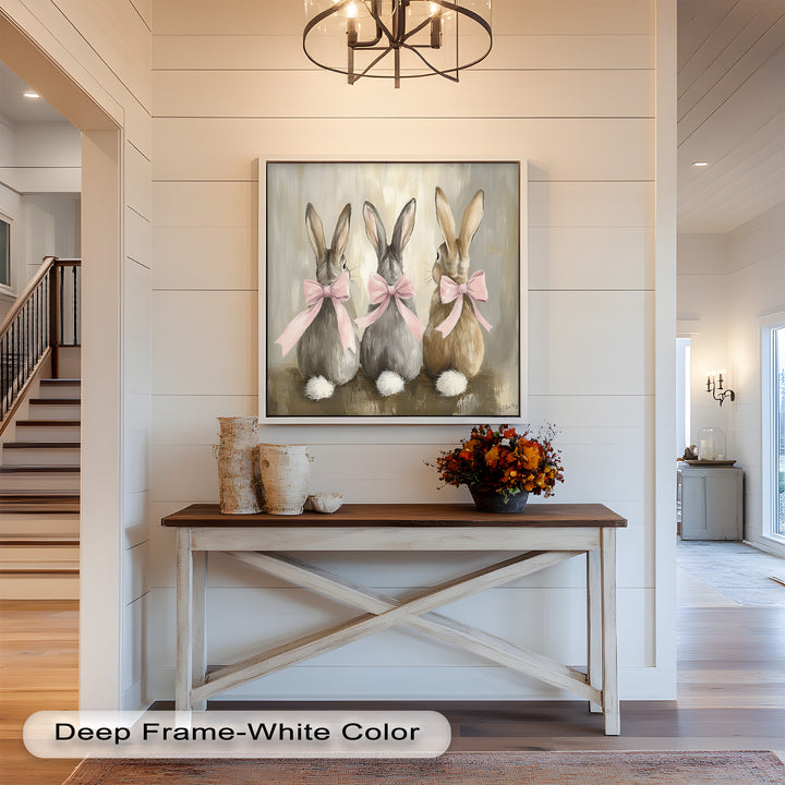 Trio of Bunnies with Pink Bows – Animal Oil Painting