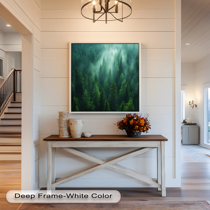 A tranquil and immersive depiction of nature, where towering trees stand in a sea of mist, evoking a sense of serenity and untouched wilderness.