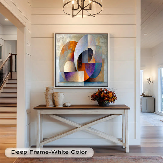 The white deep frame accentuates the edges and borders of the colored geometric oil painting art piece, a modern abstract artwork showcasing vivid hues and dynamic forms.