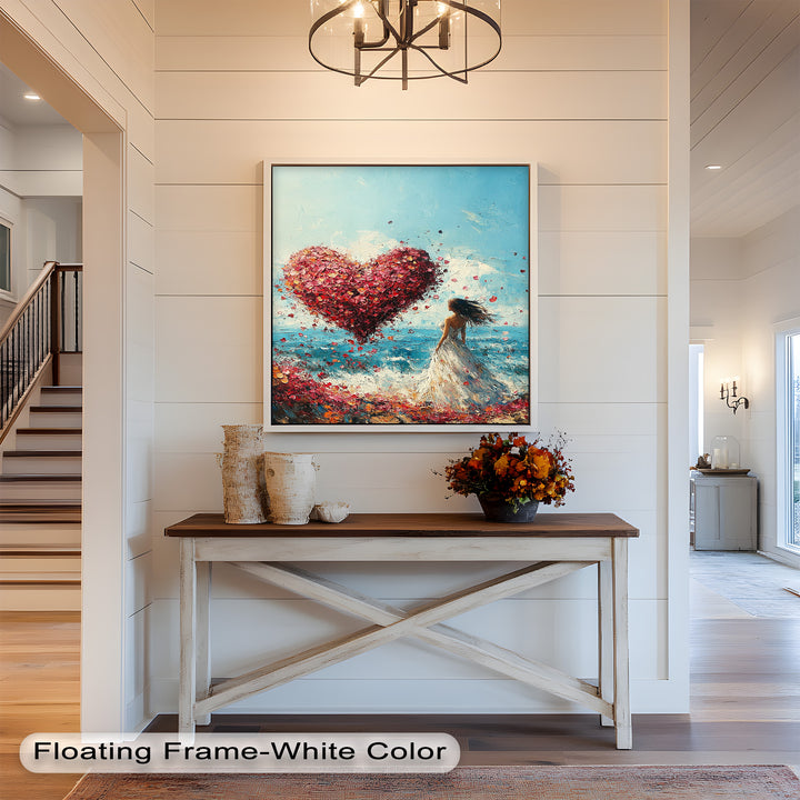 Woman with Heart-Shaped Petals Over the Sea - Love Oil Painting