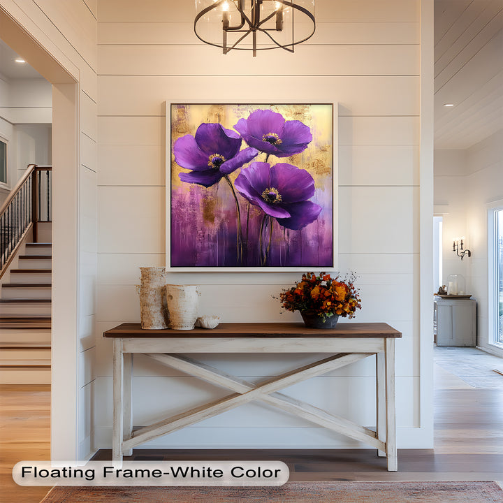 Velvet Blossoms – Purple Floral Elegance with Gold Flower Oil Painting