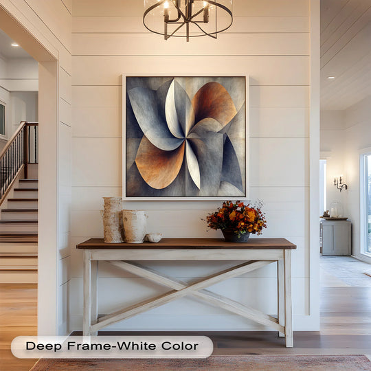 Finished with meticulous detail, this modern abstract oil painting art features a deep white frame enhancing the geometric petal fusion.