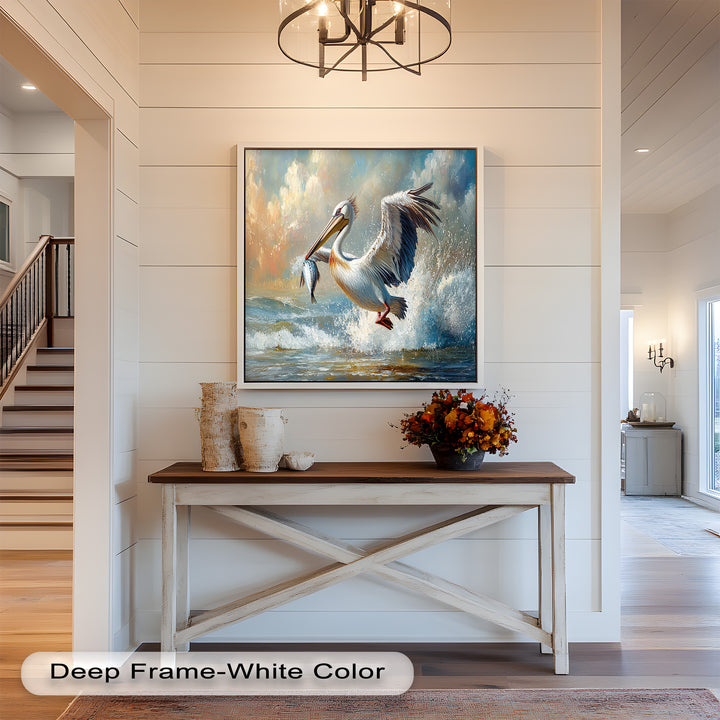 Pelican Catching Fish in Ocean Surf – Animal Oil Painting