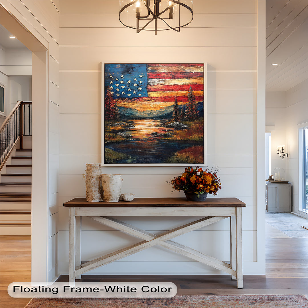 Amerikanische Flagge Sonnenuntergang Landschaft - Patriotisches Ölgemälde