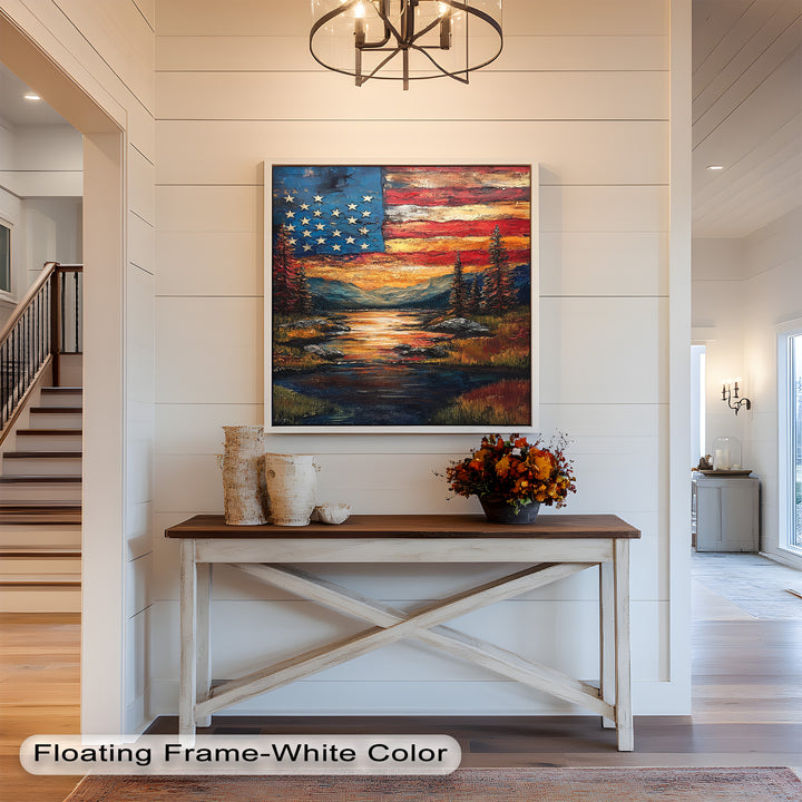 Amerikanische Flagge Sonnenuntergang Landschaft - Patriotisches Ölgemälde