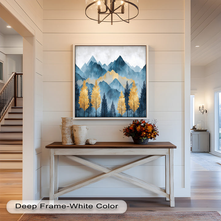 This mesmerizing oil painting showcases majestic blue mountains bathed in golden light, creating an ethereal depth that draws the eye. Ideal for modern interiors, this framed wall art exudes elegance and tranquility.