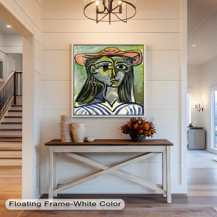 Striped Muse in Pink Hat – Picasso Oil Painting