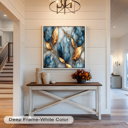 Visible surface texture highlights the marbleized background of this botanical oil painting artwork, contrasting with smooth golden blue leaves.