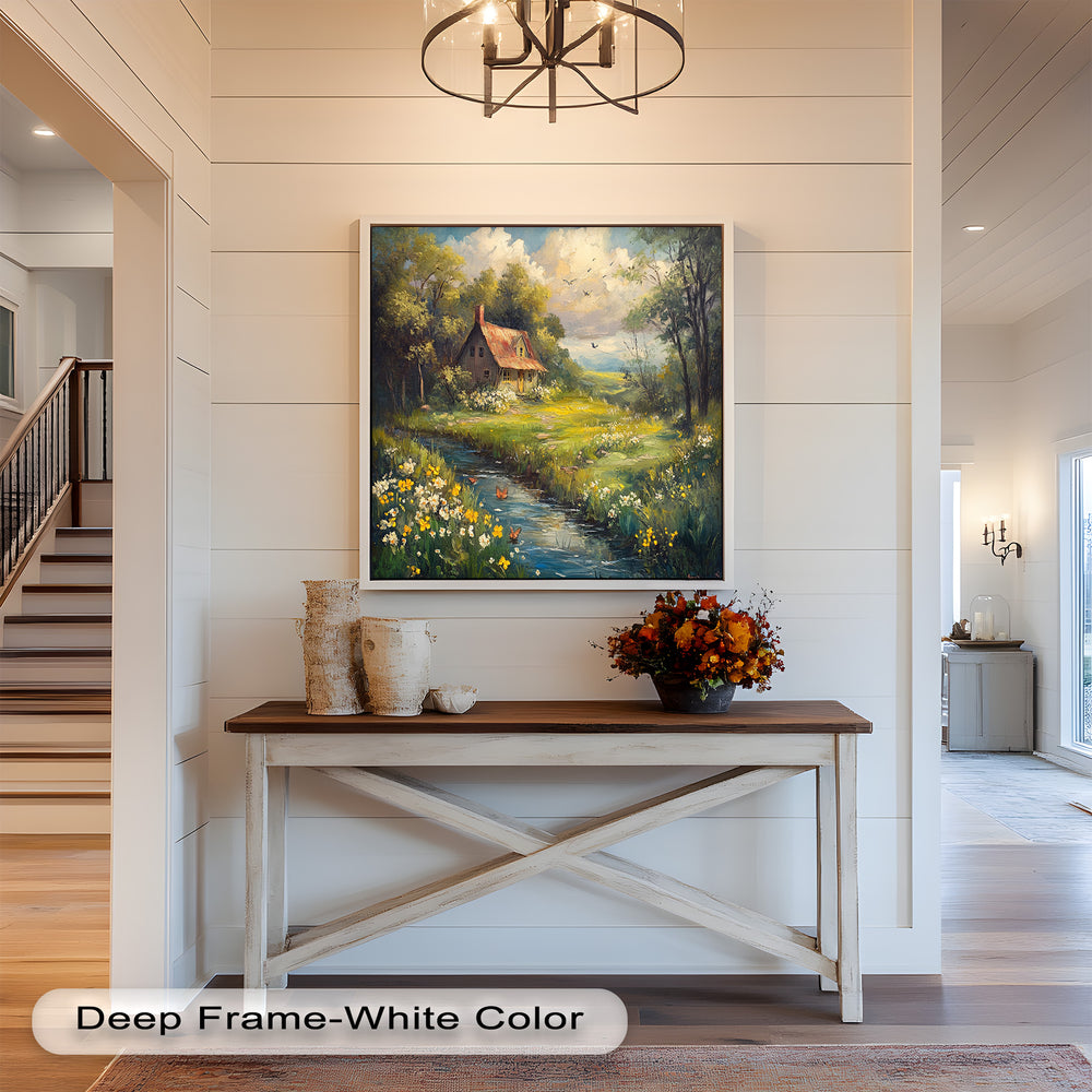 A serene landscape with a cozy house, blooming meadow, and flowing water.
