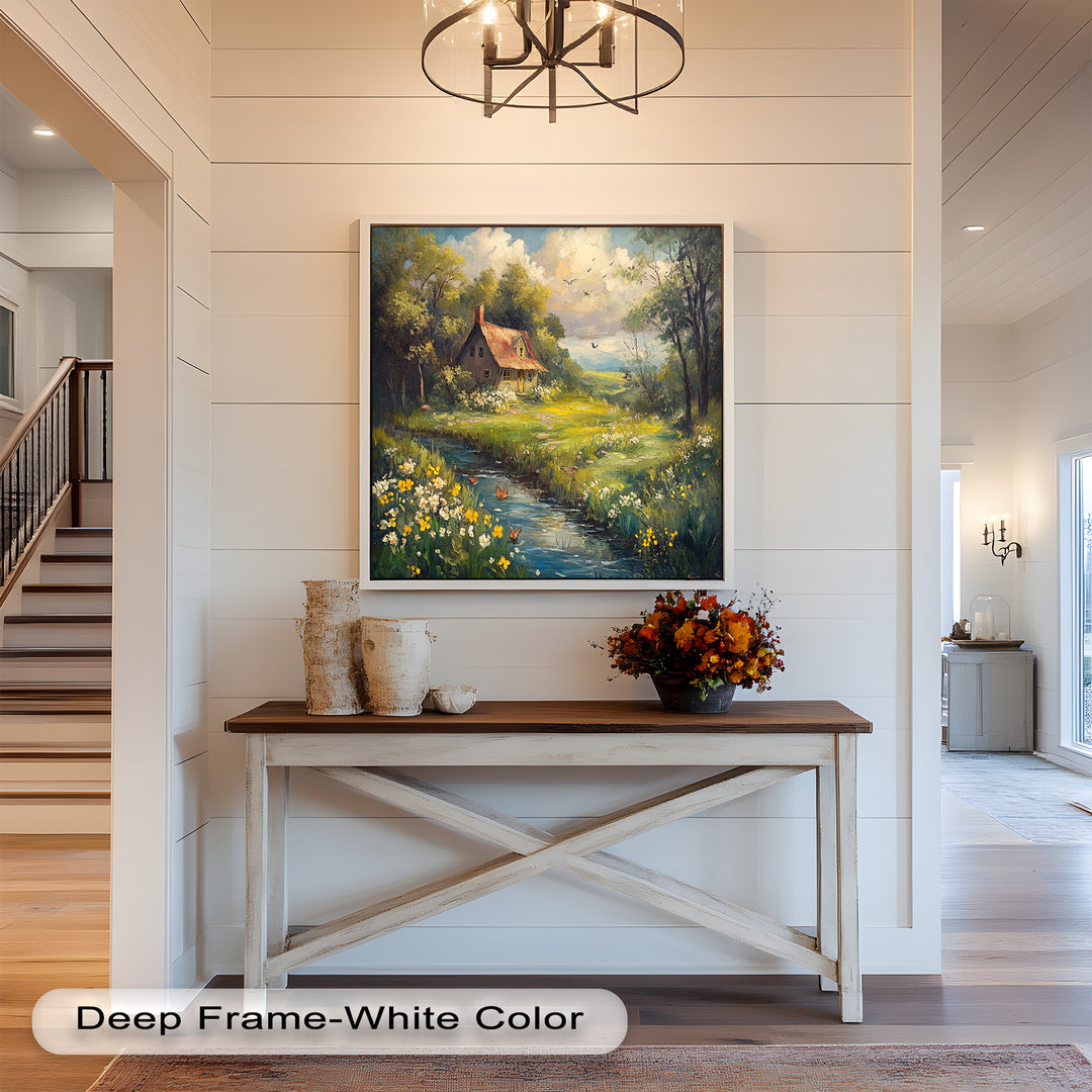 A serene landscape with a cozy house, blooming meadow, and flowing water.

