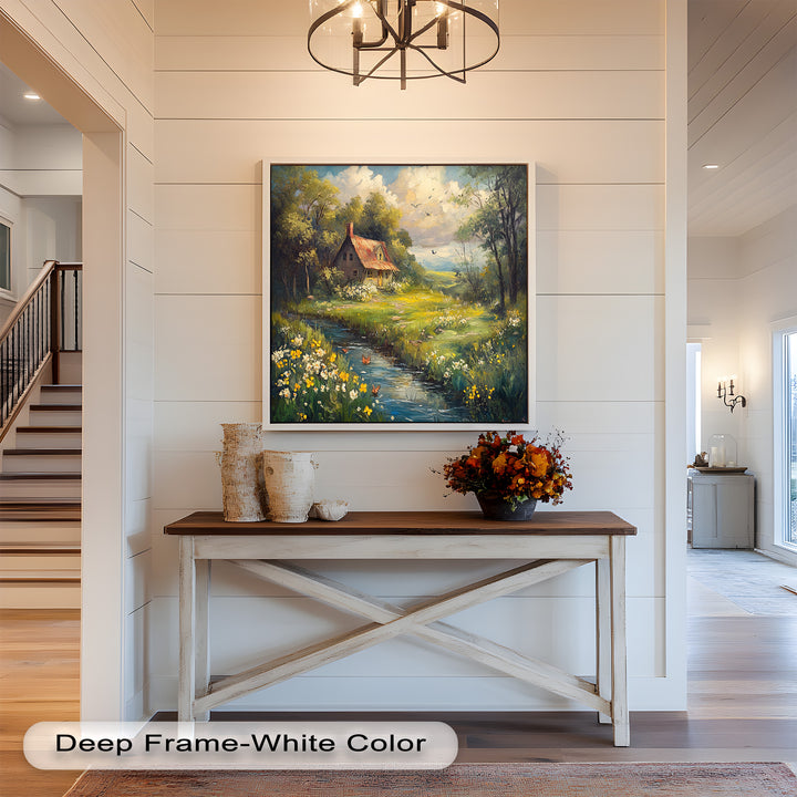 A serene landscape with a cozy house, blooming meadow, and flowing water.
