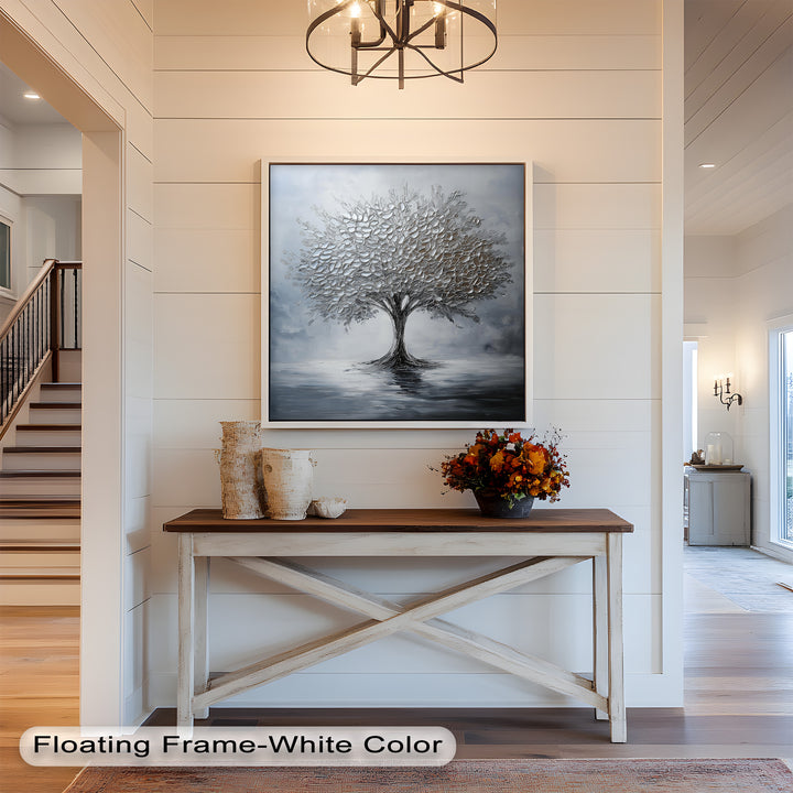 Silver Stillness – Tree in Monochrome Abstract Oil Painting